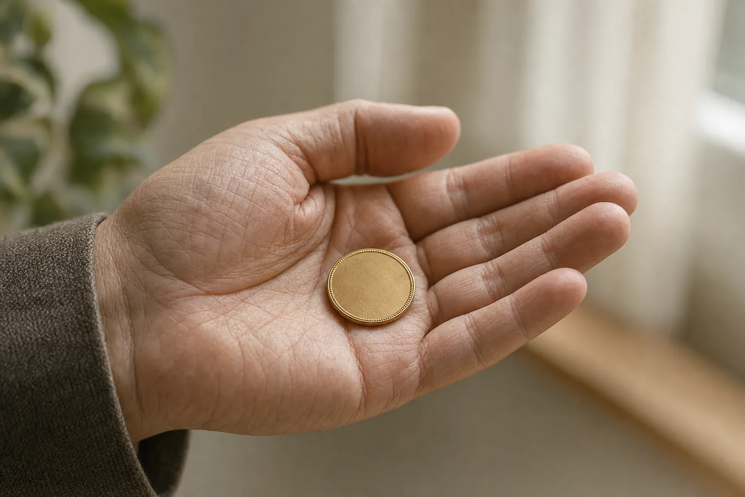 手のひらに乗ったアンティーク金貨 「持ち運べる実物資産」のメタファー